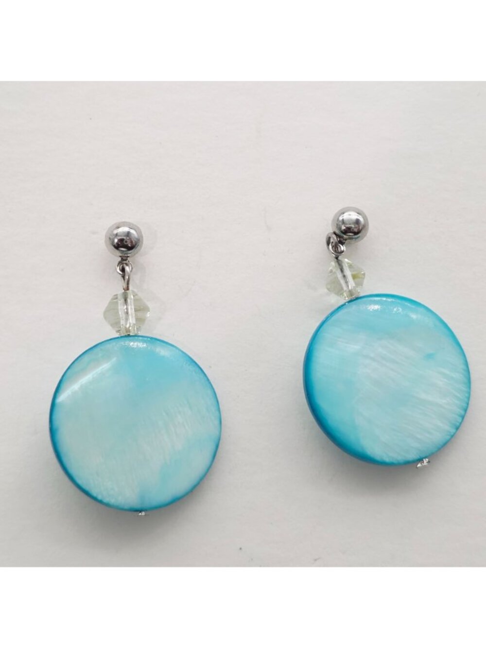 Blue Shell Disc Earrings With Crystal Accents & Silver Tone Posts 1.75" - Picture 2 of 5